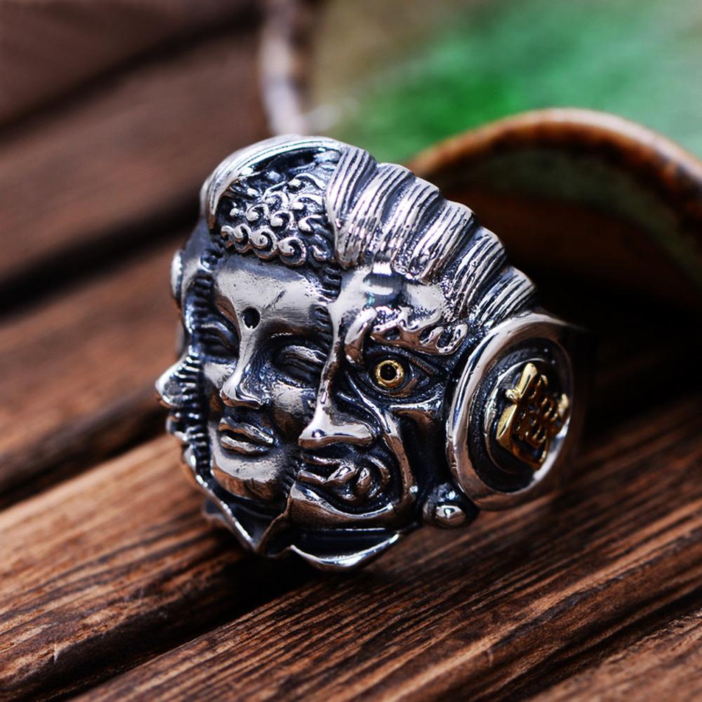 Artisan d'Asie Bagues Bague gravée tête de Bouddha et Mara en argent 925