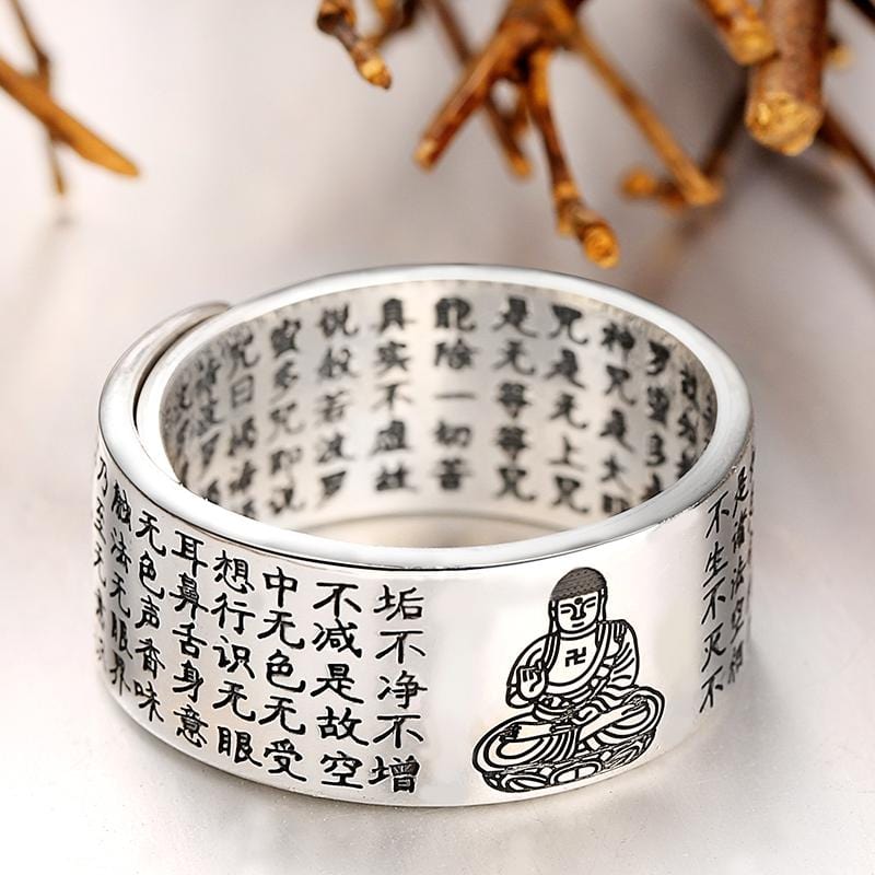 Artisan d'Asie Bagues Singe et chèvre Bague gravée Bouddha et sutra du coeur en argent 999