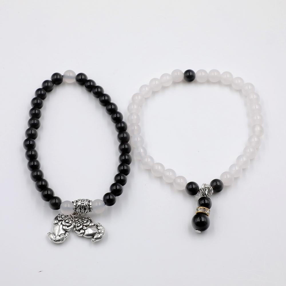 Bracelet mala de couple en pierre d'obsidienne et cristal