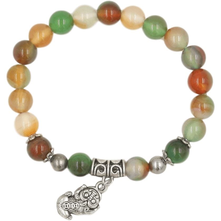 Artisan d'Asie Bracelets Malas Bracelet mala en pierre d'agate et pendentif pixiu en argent