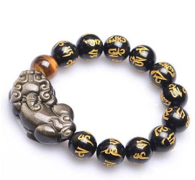 Bracelet mala en pierre d'obsidienne gravée et oeil de tigre