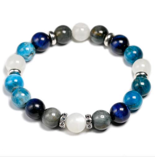 Pulsera mala de ojo de tigre azul y piedra lunar