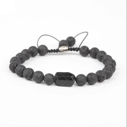 Bracelet mala en Tourmaline Noire et Pierre de Lave Ajustable