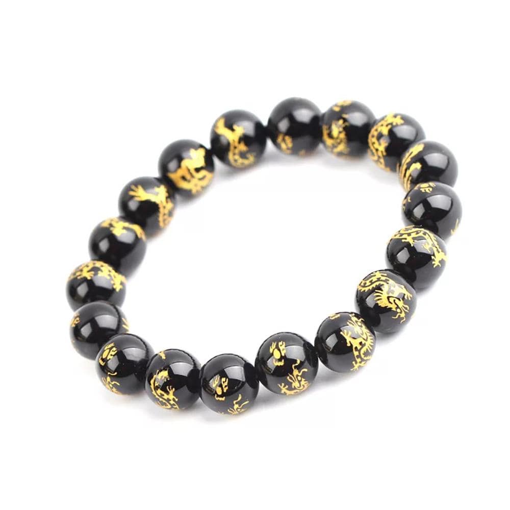 Bracelet mala en pierre d'agate noire motif dragon