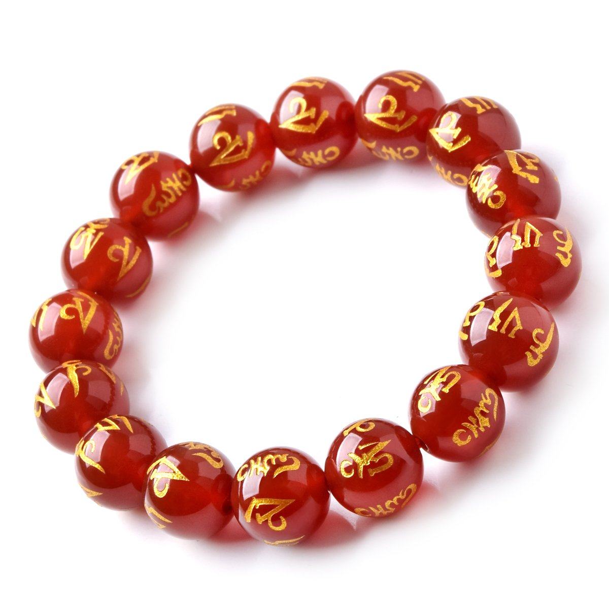 Artisan d'Asie Bracelets Malas S (18 cm) Bracelet mala en pierre d'agate rouge motif om mani padme hum