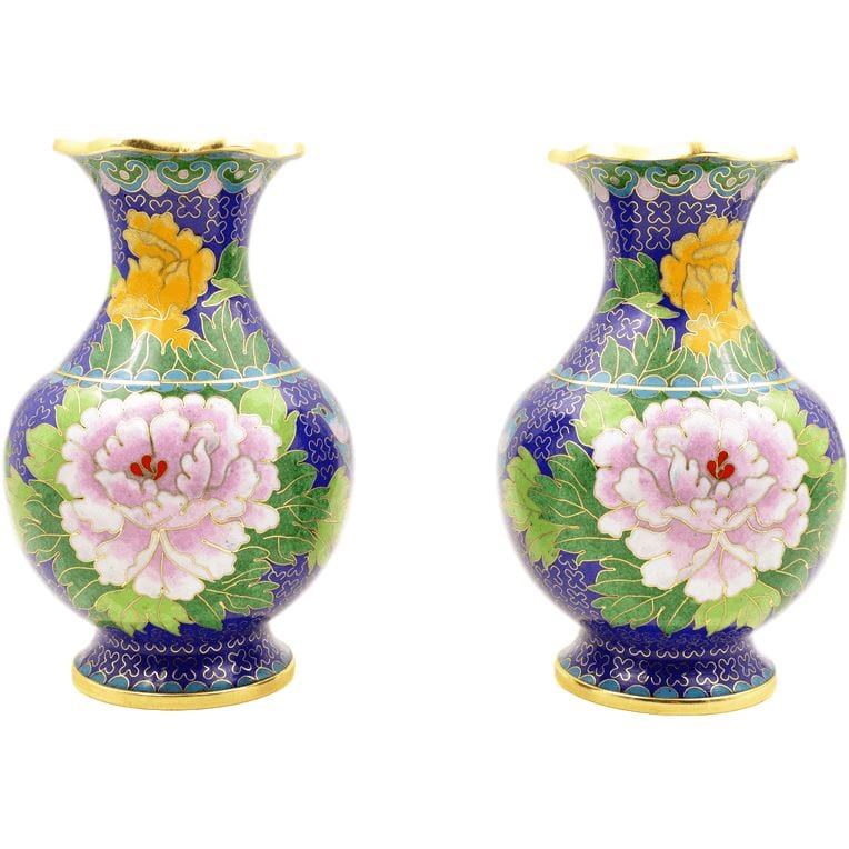 Paire de grands vases chinois en cloisonné 2 - Fleurs