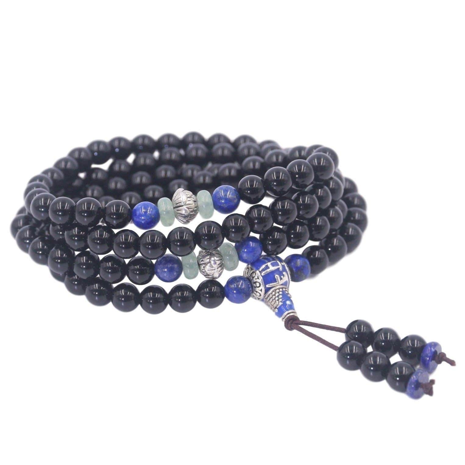 Collier mala en pierre d'obsidienne, lapis lazuli et argent tibétain