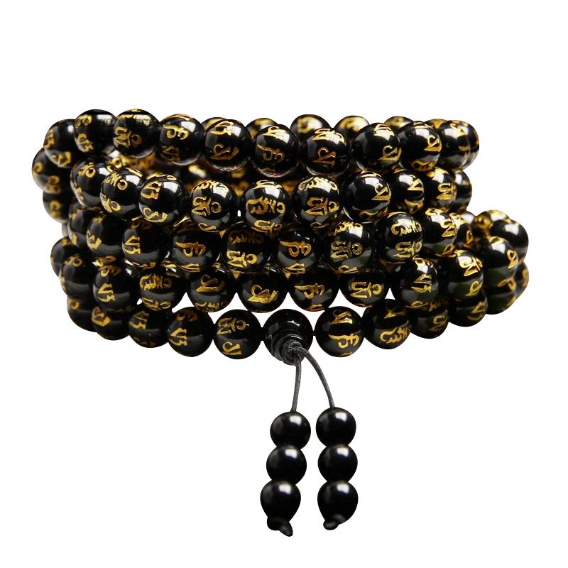 Collier mala en pierre d'agate noire motif om mani padme hum