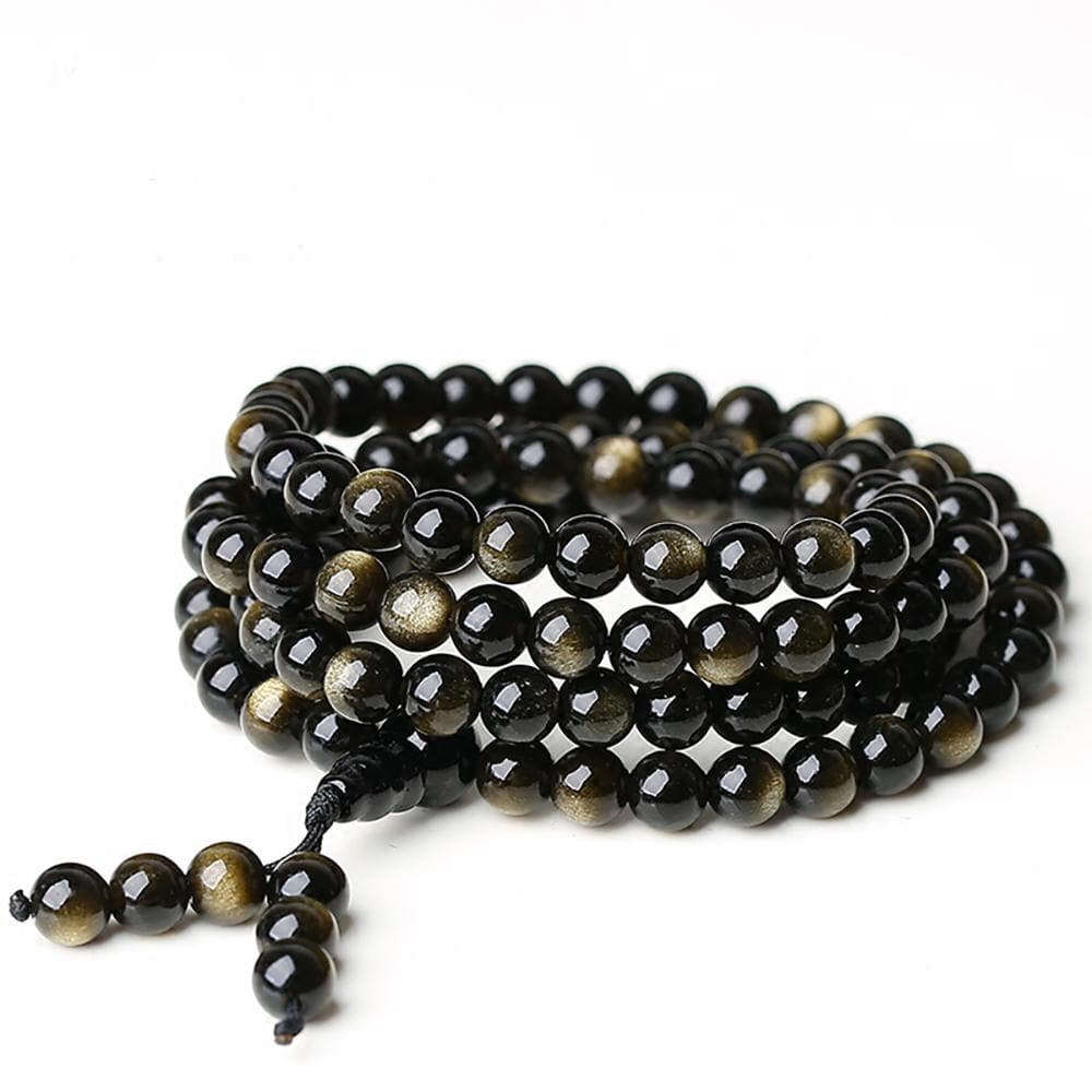 Collier mala en pierre d'obsidienne dorée