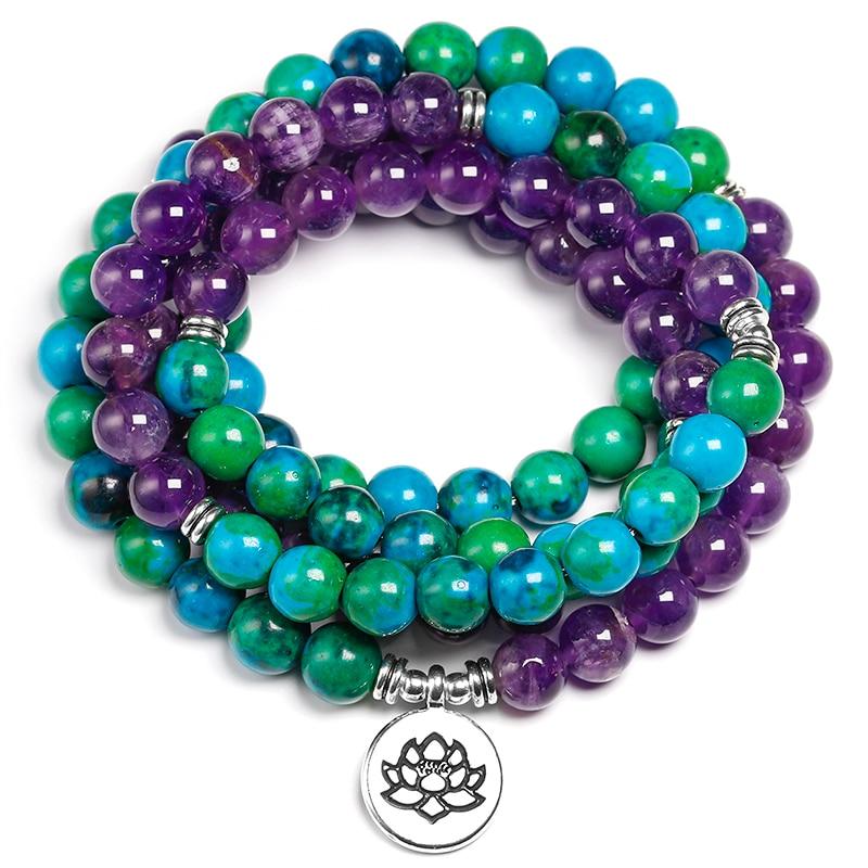 Artisan d'Asie Pendentifs & Amulettes Arbre de vie Collier mala en Améthyste et Chrysocolle