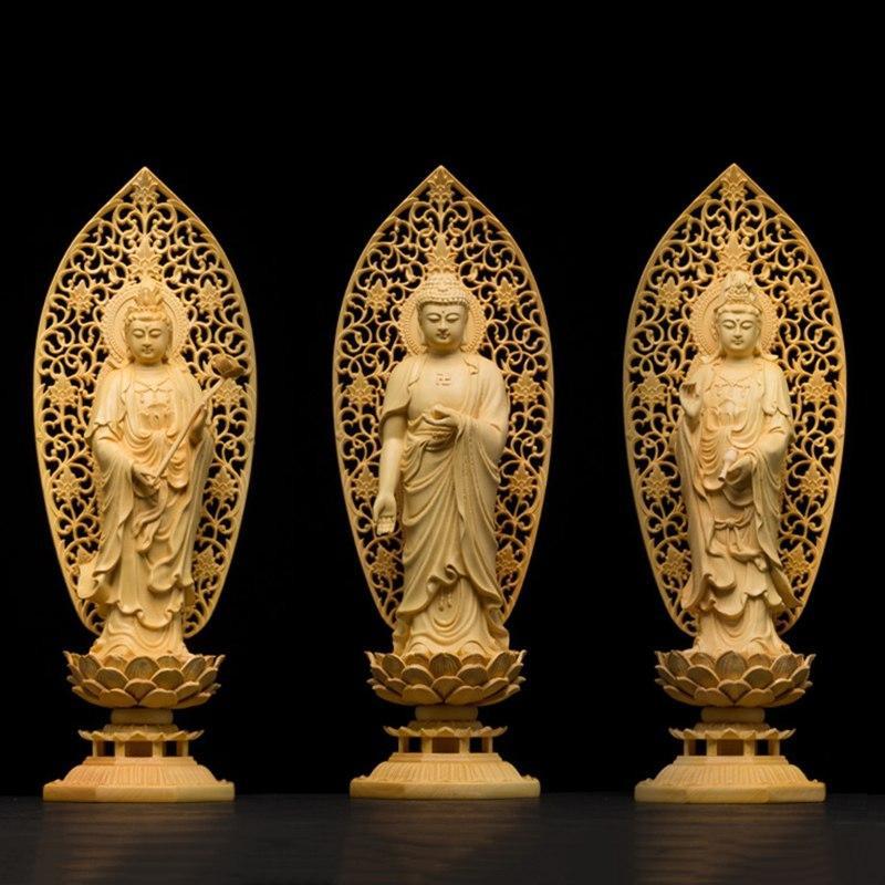 Artisan d'Asie Statues Bouddha Chilian Guanyin Statue de Bouddha Guanyin en Bois de Buis - 3 versions