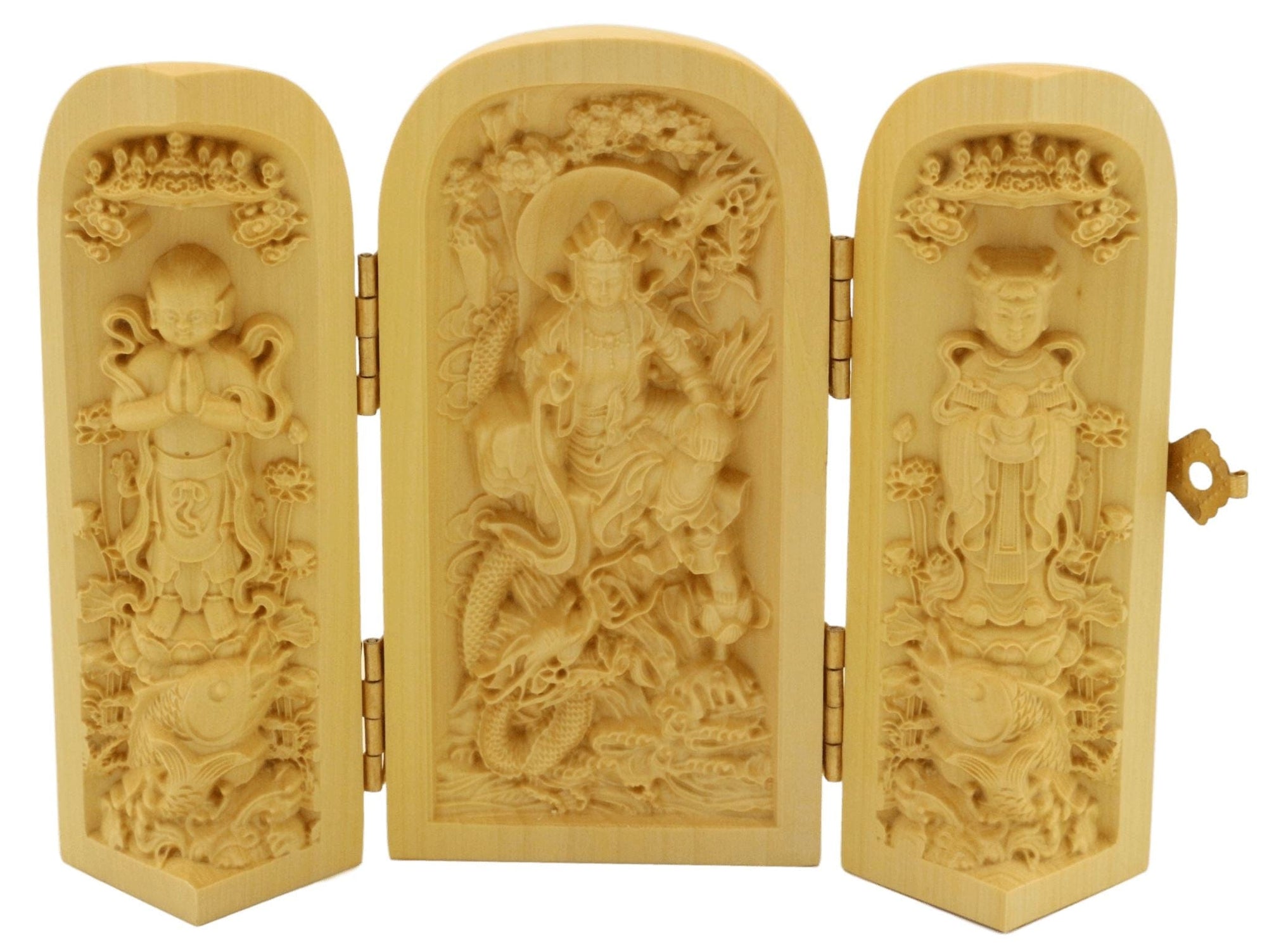 Artisan d'Asie Statues Bouddha Coffret de 3 statuettes artisanales en bois - Bodhisattva Guanyin - Design 1