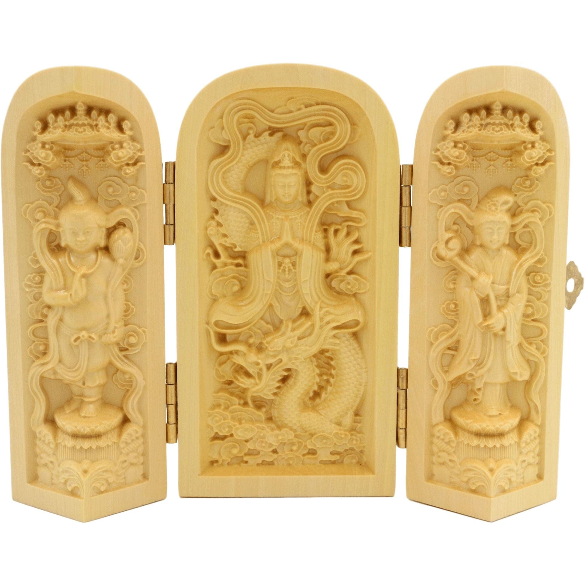 Artisan d'Asie Statues Bouddha Coffret de 3 statuettes artisanales en bois - Bodhisattva Guanyin - Design 2