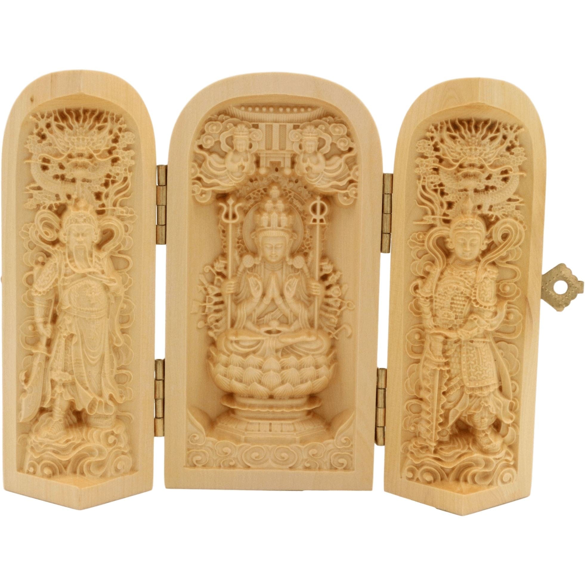 Artisan d'Asie Statues Bouddha Coffret de 3 statuettes artisanales en bois - Bodhisattva Guanyin, Guan Yu et Skanda