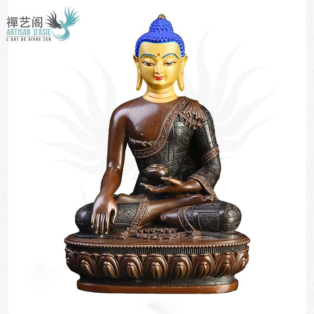 Artisan d'Asie Statues Bouddha S - 13.5 cm Statue Bouddha Shakyamuni en cuivre tête peinte