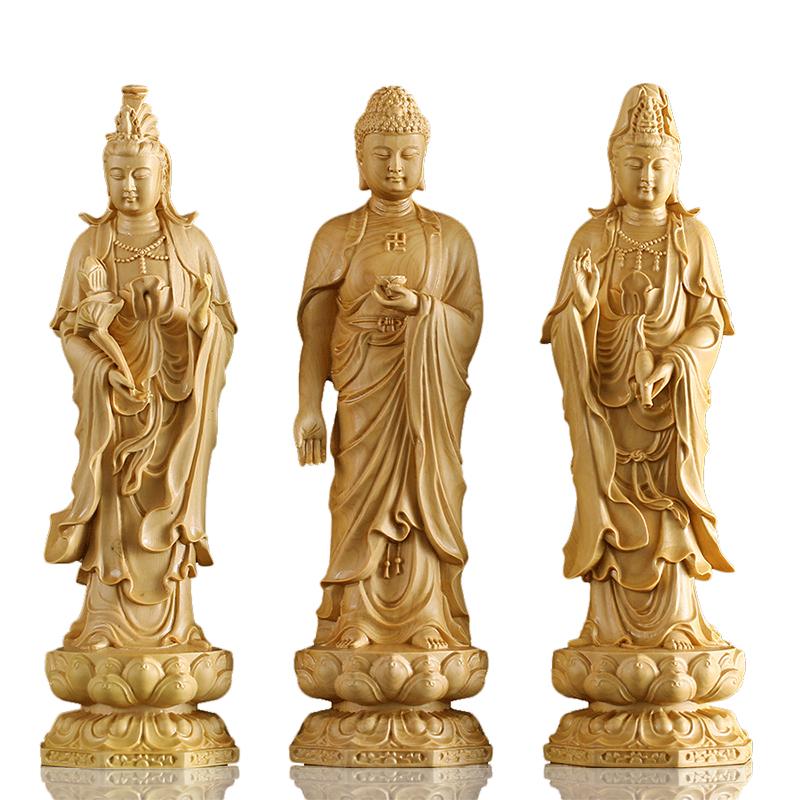 Artisan d'Asie Statues Bouddha Shakyamuni Statues des Trois Saints de l'Ouest en bois de buis