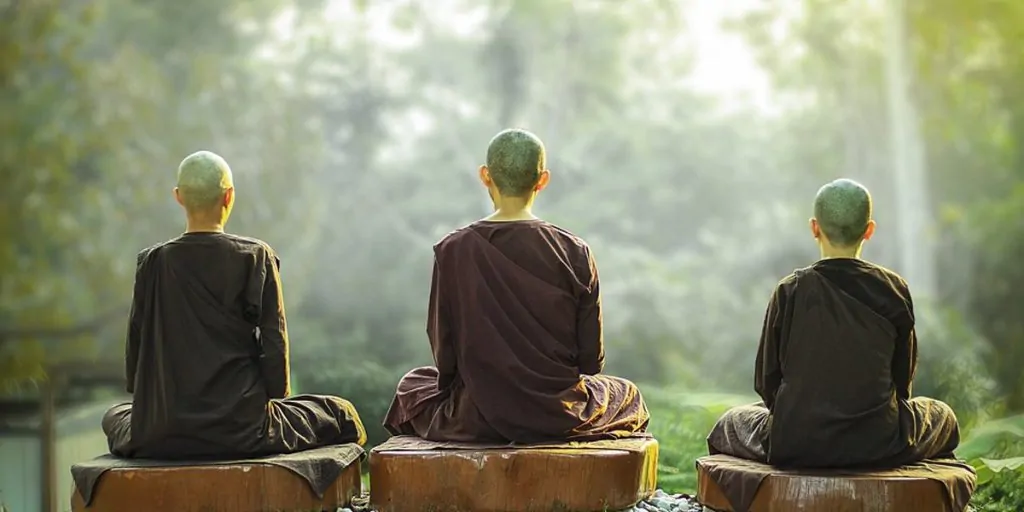 Trois moines bouddhistes en pleine méditation (Buddhist monks meditating) au cœur d’une forêt luxuriante. Vue de dos des moines en robes traditionnelles during a mindfulness session in nature pour le calme et la sérénité.