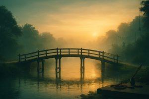 Pont en bois arqué sur une rivière calme au lever du soleil, brume douce et reflets dorés. Arched wooden bridge over still water at sunrise with soft mist and golden reflections.