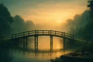 Pont en bois arqué sur une rivière calme au lever du soleil, brume douce et reflets dorés. Arched wooden bridge over still water at sunrise with soft mist and golden reflections.
