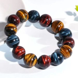Bracelet mala en pierre d'oeil de tigre rouge, jaune et bleu