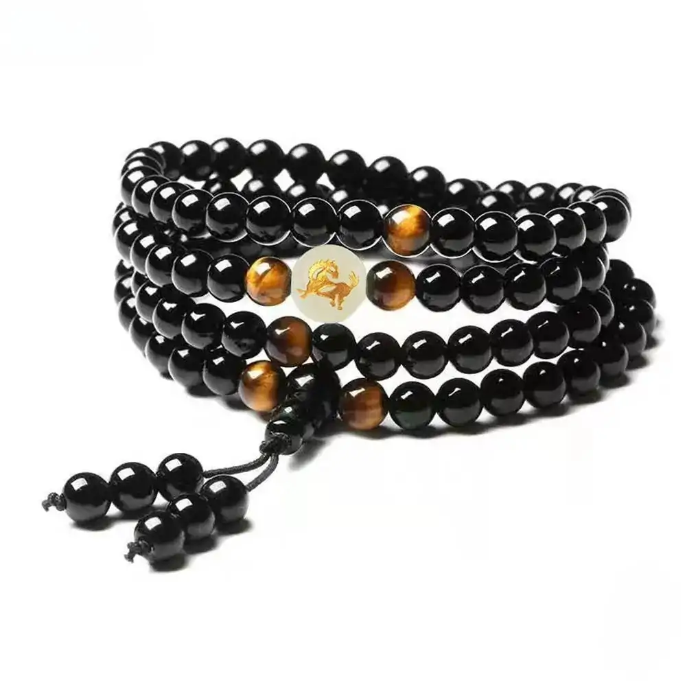 Obsidian Mala Necklace with Chinese Zodiac Sign