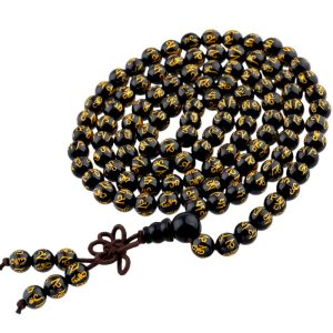 Collier mala en pierre d'agate noire motif om mani padme hum