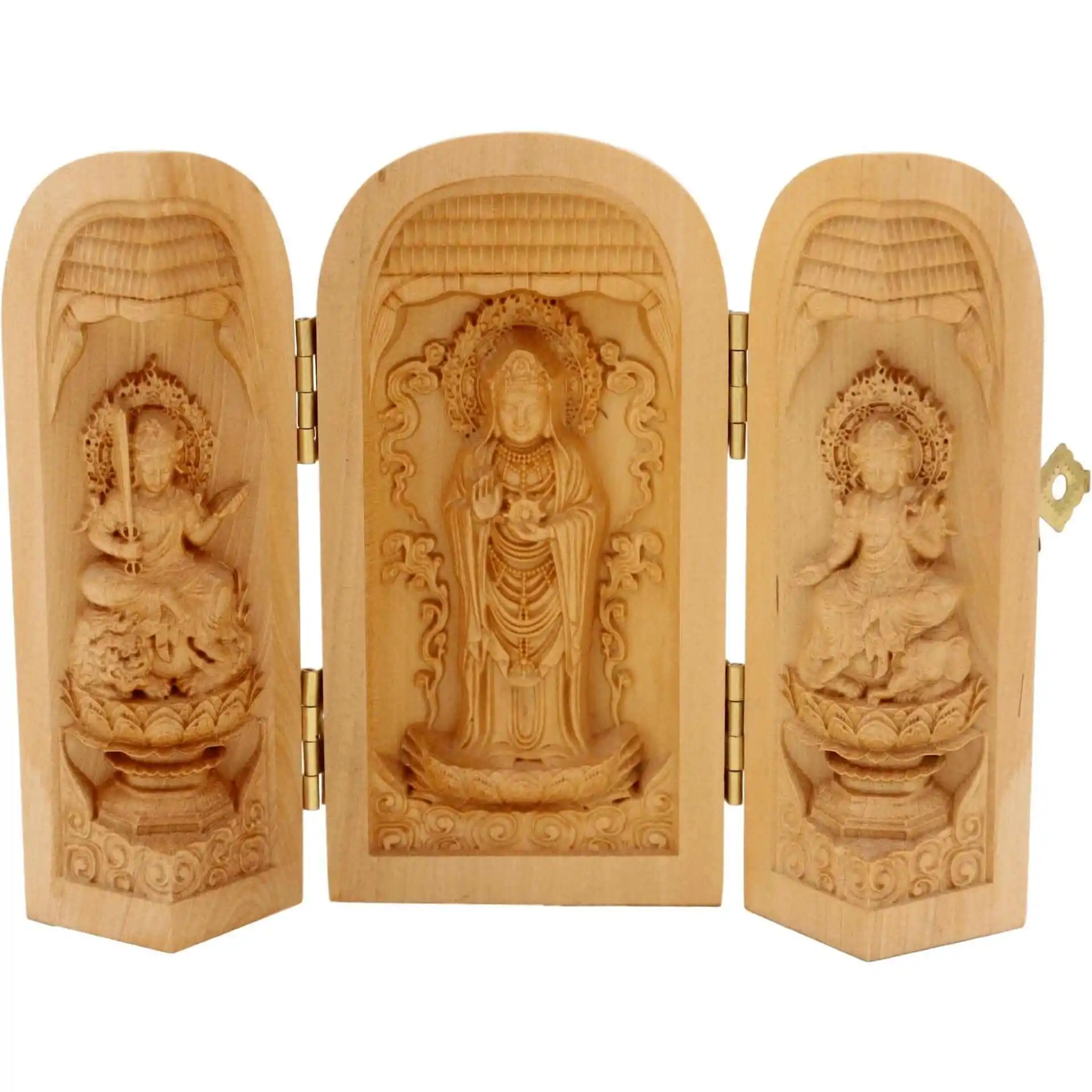 Coffret de 3 statuettes artisanales en bois - Bouddha Amitabha - Design 2