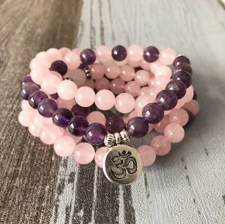 Amethyst and rose quartz mala necklace -- 108 handcrafted beads, natural gemstones