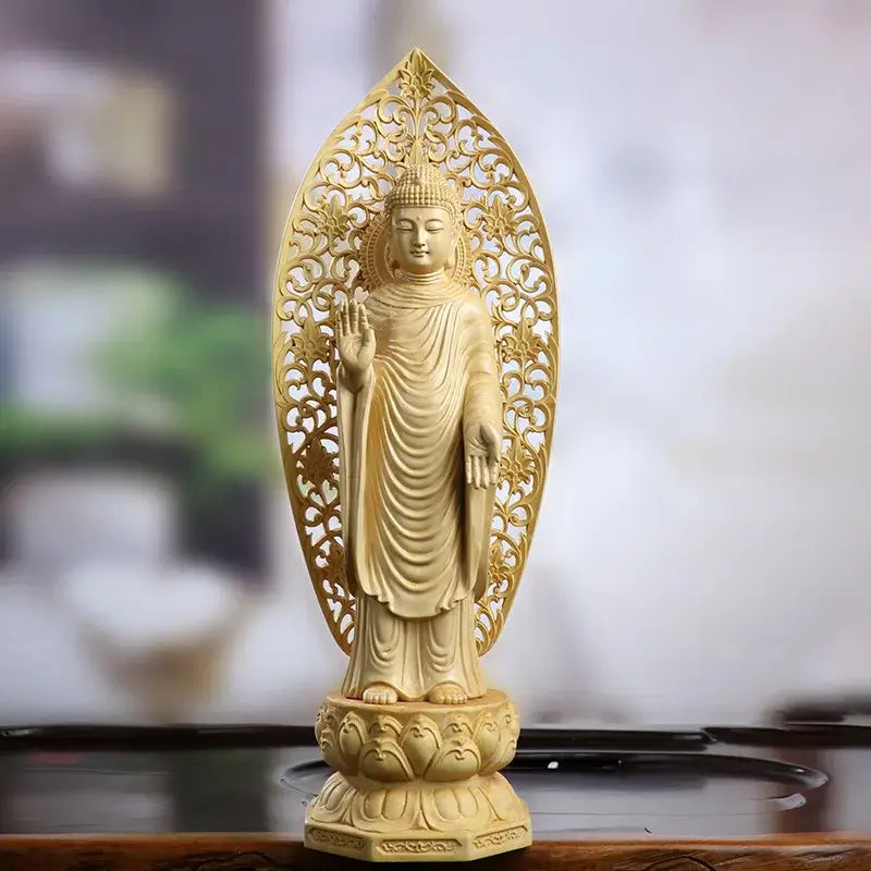 Statua Buddha Amitabha in piedi in legno di bosso - immagine 2