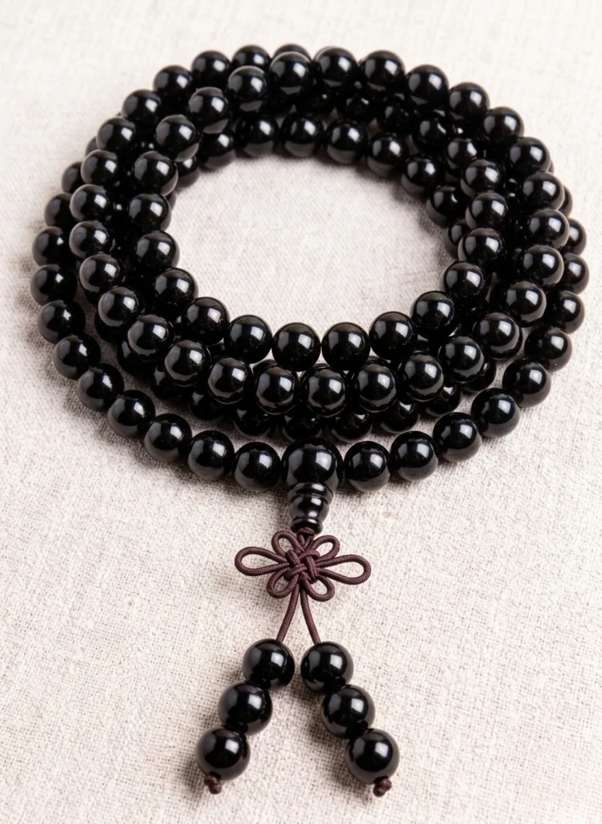 Mala en obsidienne noire polie 108 perles et noeud de l infini | Polished black obsidian 108-bead mala with guru bead and infinity knot.