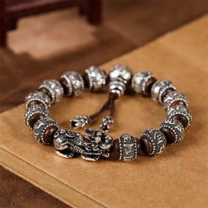Bracelet Mala Pixiu en Bois de Santal et Argent Pur 990