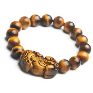 Bracelet mala avec pixiu en obsidienne dorée et oeil de tigre