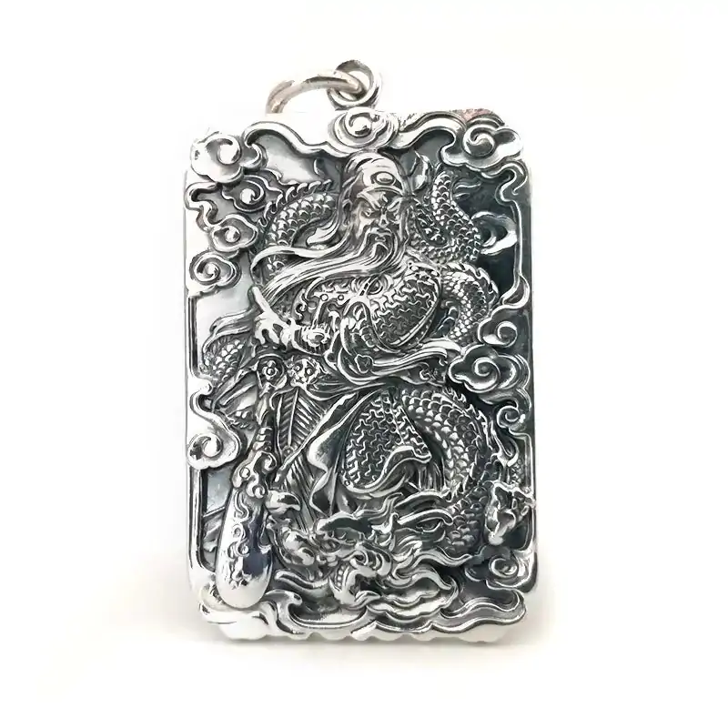 Pendentif du Dieu de la Guerre Guanyu et Om en plaqué argent 999