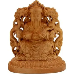 Statuette chinoise Caishen double face - Bois de Pin - Dieu de la fortune