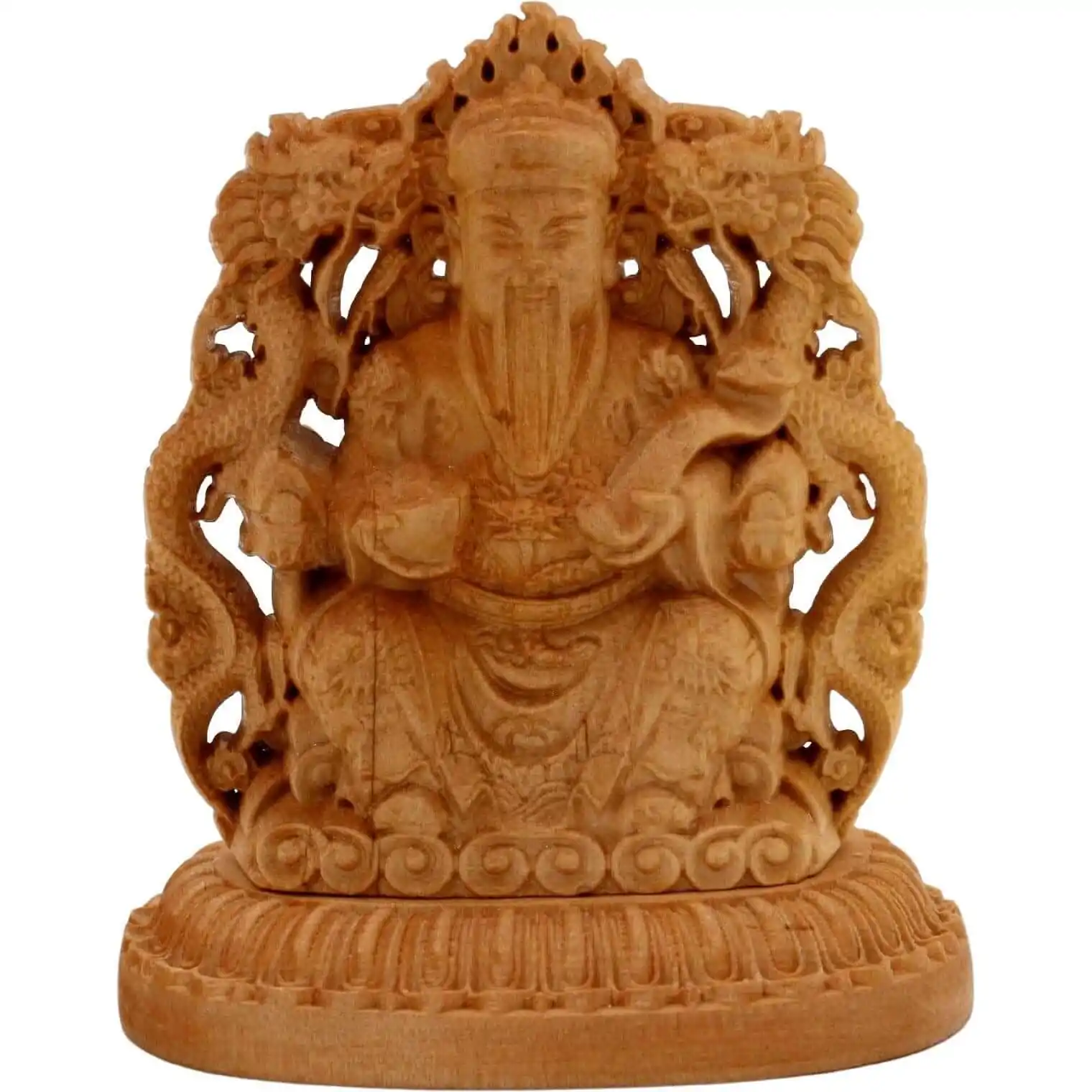 Statuette chinoise Caishen double face - Bois de Pin - Dieu de la fortune
