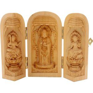 Coffret de 3 statuettes artisanales en bois - Bouddha Amitabha - Design 2