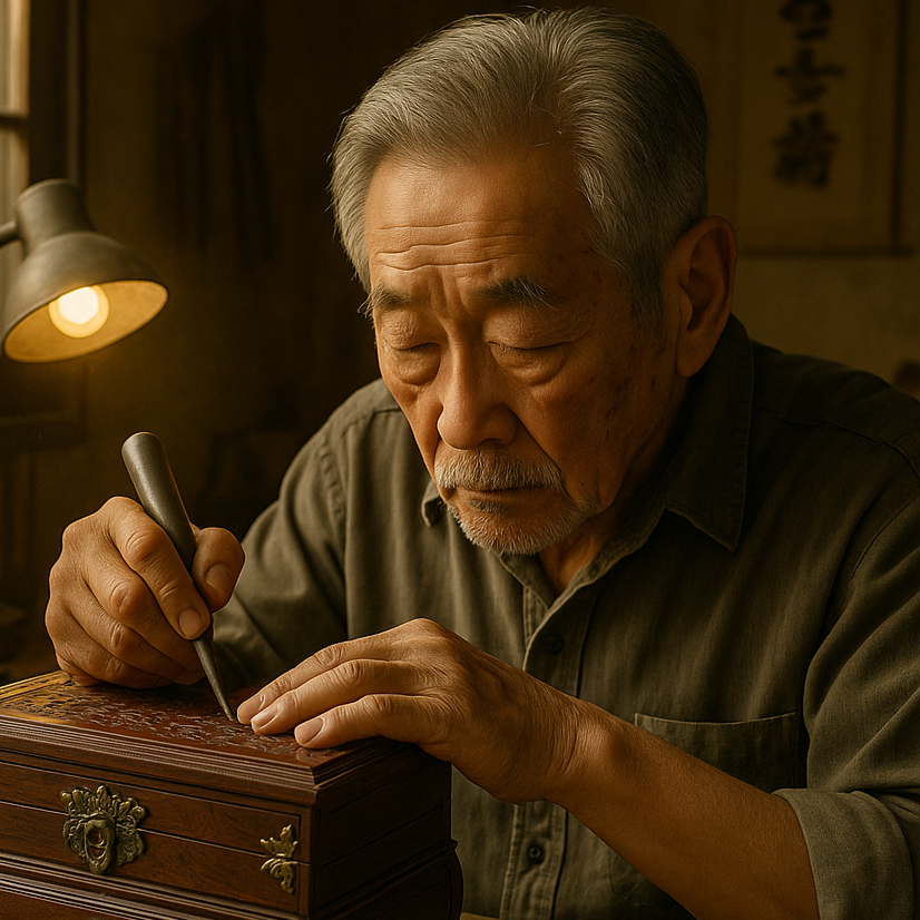 Artisan âgé sculptant à la main une boîte à bijoux en bois dans un atelier, sous une lampe de travail, avec des outils de sculpture sur l’établi. Elderly artisan hand-carving a wooden jewelry box in a workshop, lit by a task lamp, with carving tools on the workbench.