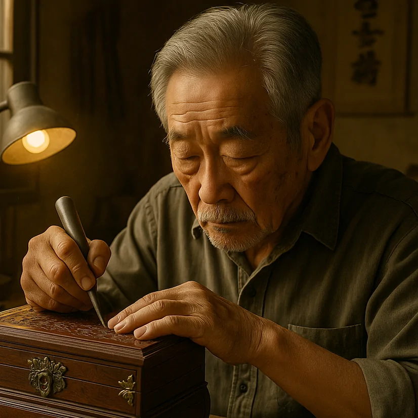 Artisan âgé sculptant à la main une boîte à bijoux en bois dans un atelier, sous une lampe de travail, avec des outils de sculpture sur l’établi. Elderly artisan hand-carving a wooden jewelry box in a workshop, lit by a task lamp, with carving tools on the workbench.
