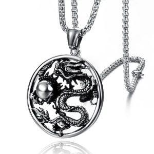 pendentifs amulettes pendentif rond dragon acier inoxy