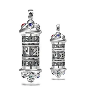 Pendentif Moulin à Prière Miniature Fonctionnel en Argent Pur 999