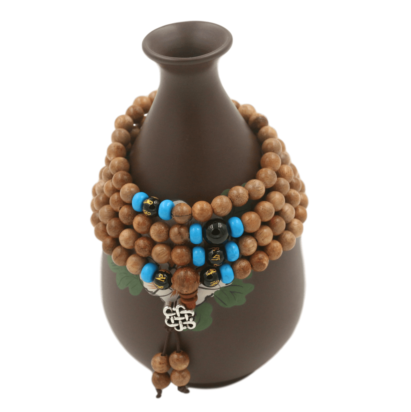 COLLIER MALA EN BOIS DE SANTAL, PIERRE D'OBSIDIENNE ET TURQUOISE