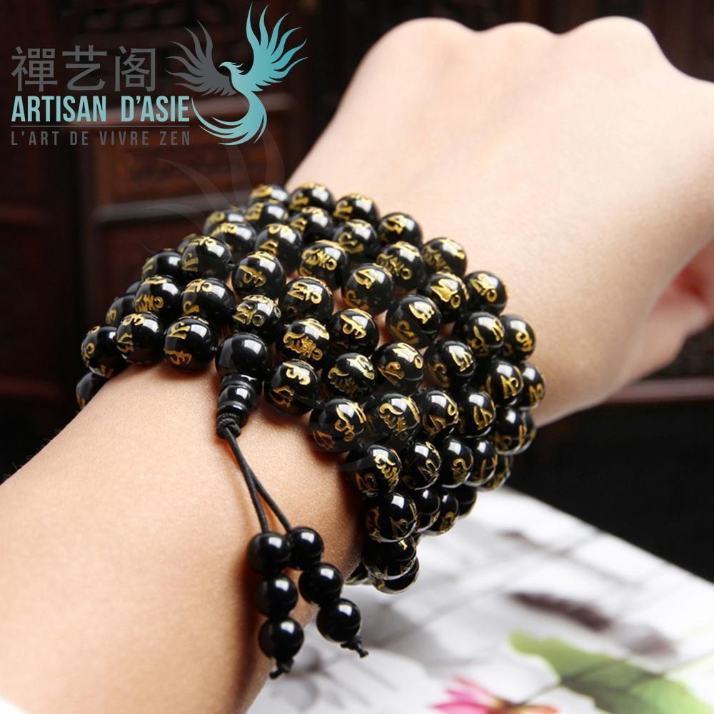 COLLIER MALA EN PIERRE D'AGATE NOIRE MOTIF OM MANI PADME HUM