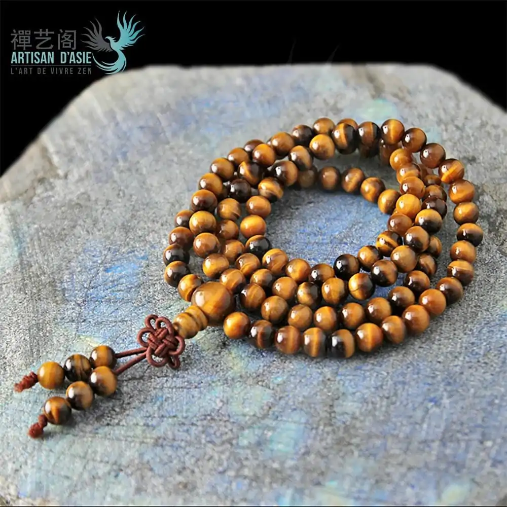 Collier-bracelet mala bouddhiste artisanal en oeil de tigre jaune