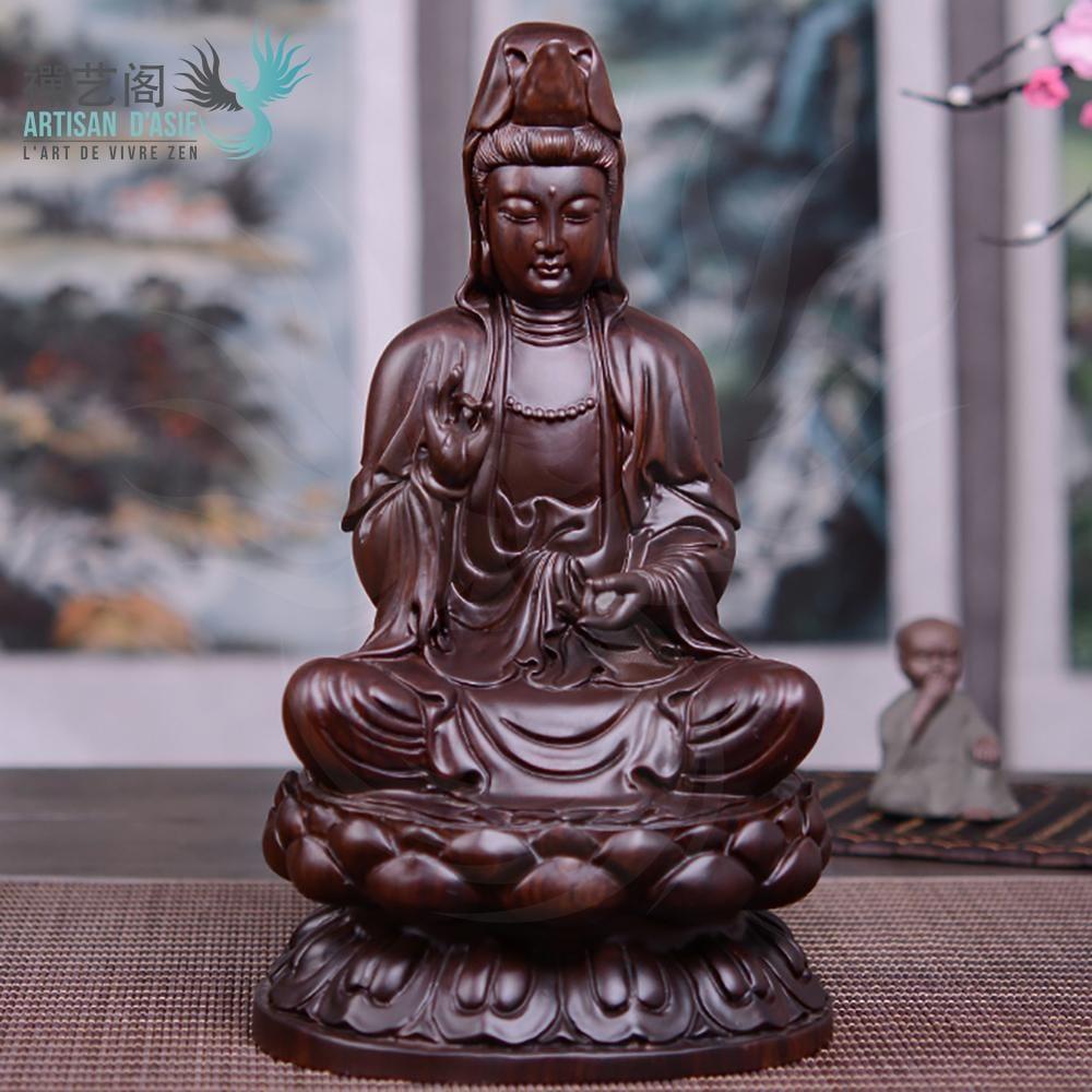 STATUE BODHISATTVA GUANYIN ASSIS OU DEBOUT EN BOIS DE SANTAL NOIR