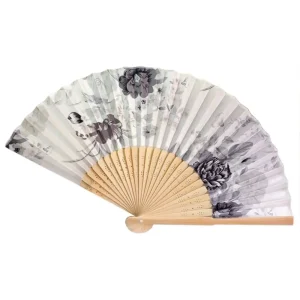 Chinese silk folding fan, cream white background with grey ink-wash peonies and orchid sprigs in shuimo brushwork style, bamboo ribs