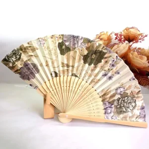 Chinese silk folding fan, cream beige striped ground with deep olive green and violet mauve peonies, bamboo ribs