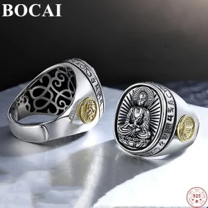 Chinese zodiac sterling silver 925 ring with Buddhist guardian deity — front and back view