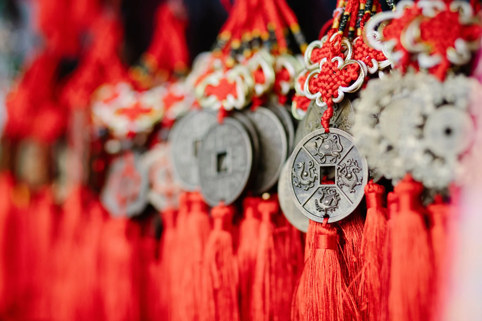 Traditional red tassel, protection talisman worn during the Dragon Boat Festival