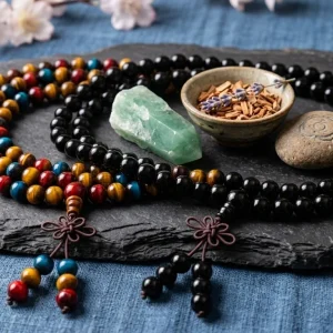 Mala 108 perles triple oeil de tigre et mala obsidienne noire, avec statuette Bouddha en bronze, bol de ceremonie et encens sur toile de jute
