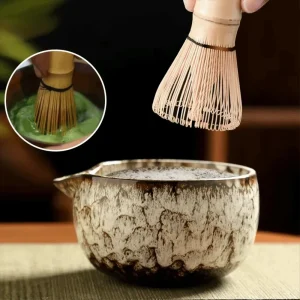 Japanese matcha ceremony set 6-piece ceramic kit with natural grain glaze chawan bowl bamboo chasen whisk and kusenaoshi holder